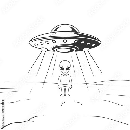 alien spaceship with man in the desert