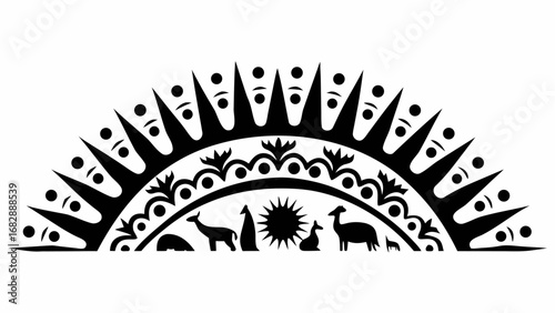Decorative semicircle design with sunburst pattern and silhouette animals in black and white illustration
