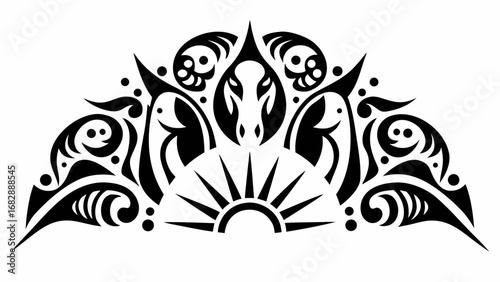 Stylized tribal design featuring abstract animal heads and sunburst motif in black and white color scheme silhouette