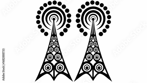 Two stylized communication towers with circular patterns and radiating circles on a white background silhouette