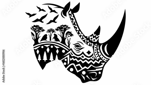 Stylized black and white rhino head with trees birds and geometric patterns in a tribal tattoo style silhouette