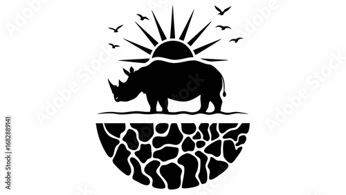 Silhouette of a rhino under the sun with birds flying above and giraffe pattern below it in black and white