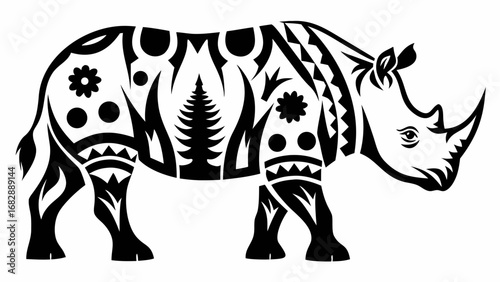 Ornate rhino silhouette with floral and geometric patterns in black and white illustration style art