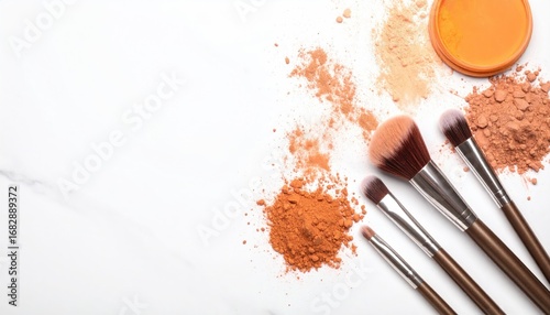 Makeup brushes lie among loose powder pigments on a textured white surface. Orange container visible, suggesting cosmetic application. Flat lay composition
