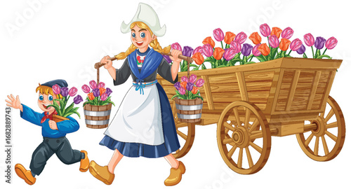 Dutch Woman and Boy Transporting Tulips in Wooden Cart