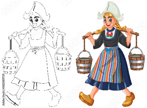 Dutch Girl Carrying Water Buckets in Traditional Costume