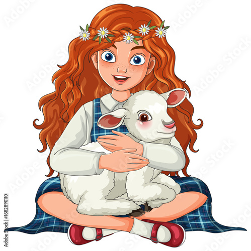 Red-Haired Girl in Plaid Dress Hugging Lamb