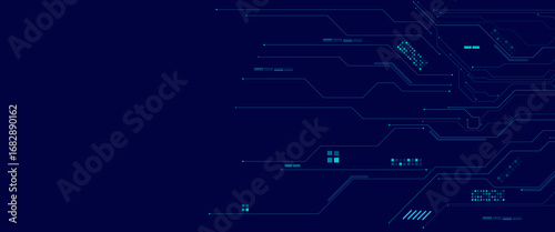 Glowing light blue neon AI chip with thin circuit contact lines. Technology lines circuit and dots on blue background, circuit board network connection.