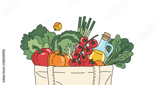 Fresh organic produce basket filled with healthy vegetables fruits and olive oil for a balanced diet