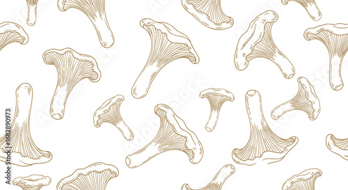 A seamless pattern of delicate brown mushroom illustrations scattered across a clean white background