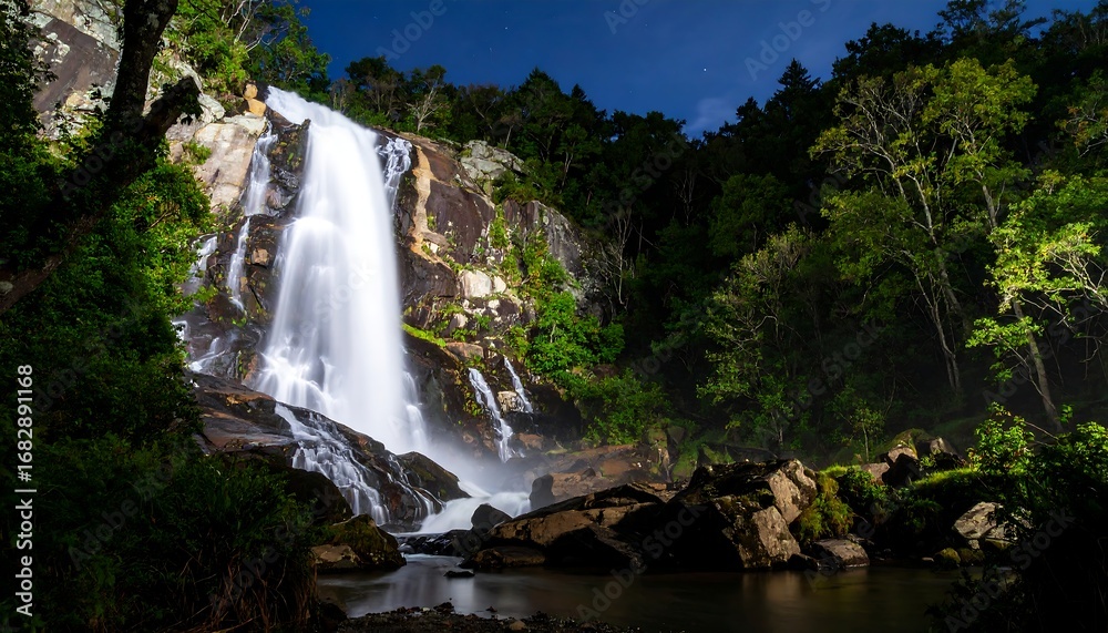 Obraz premium A majestic cascade of water plunges down a rocky cliff face. Lush green foliage frames the scene. 