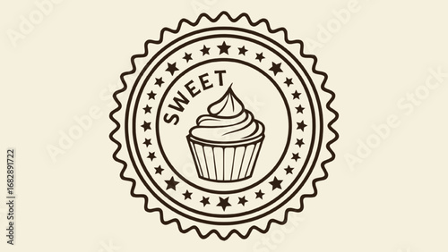 Sweet cupcake circular badge with stars and text dessert