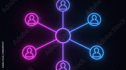 Glowing neon network diagram showing a central hub connecting people icons on a dark background.