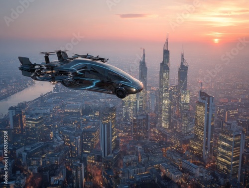 Futuristic flying vehicle soars above a breathtaking cityscape at sunset, symbolizing innovation and urban air mobility. 