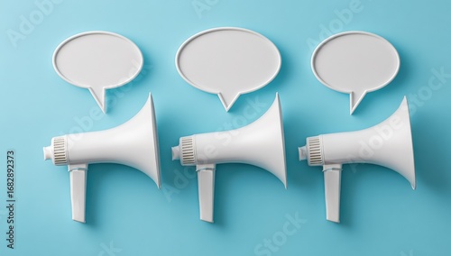 Three white megaphones and speech bubbles on a light teal background