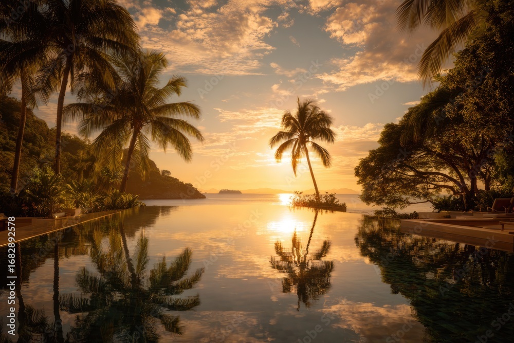 Fototapeta premium Luxury infinity pool reflecting the golden sky, palm trees framing the view, serene tropical vibe.