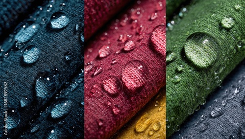 Close-up of water droplets on folded fabric samples in four colors