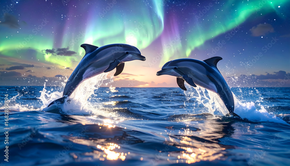 Obraz premium Dolphins Dance Under Northern Lights: Witness a breathtaking spectacle as two playful dolphins leap from the ocean, framed by the ethereal dance of the aurora borealis.