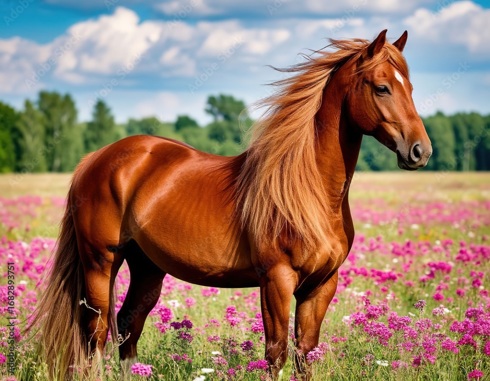 Obraz premium a horse stands in a field of flowers.