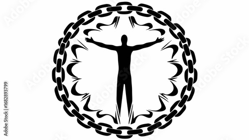 Silhouette of a person with arms outstretched surrounded by a chain and abstract flame like shapes design