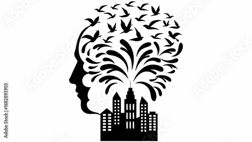 Silhouette of a head with birds flying out of it above a cityscape in black and white illustration