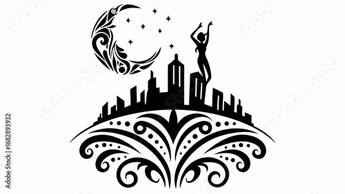 Silhouette of a woman on city buildings with an ornamental moon and stars in a black and white design