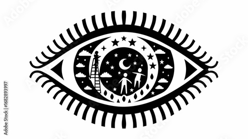 Stylized eye with celestial scene inside, featuring stars, moon, people, and a ladder to the sky silhouette