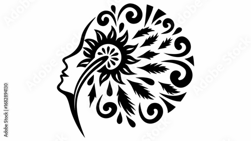 Stylized profile of a face with floral and swirl elements radiating from the head in black and white silhouette