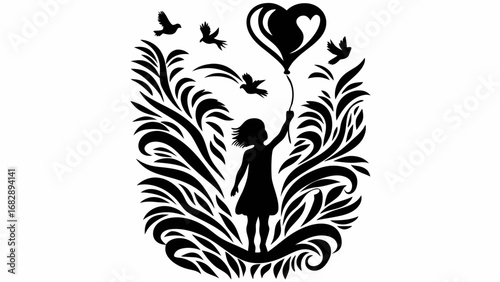 Silhouette of a girl holding a heart balloon surrounded by floral elements and flying birds in black and white