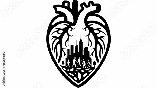Heart shaped silhouette containing a city skyline with people walking and stylized veins design element