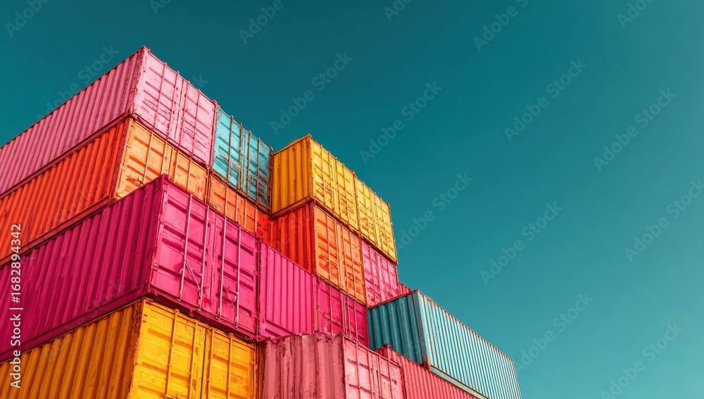 Fototapeta premium Colorful shipping containers stacked high against a vibrant sky (1)