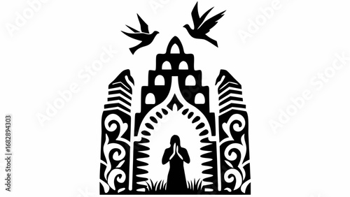 Silhouette of a person praying inside an archway with birds flying above a building structure image