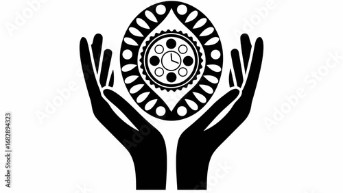 Two hands holding a decorative clock with an ornate border in a black and white conceptual illustration silhouette