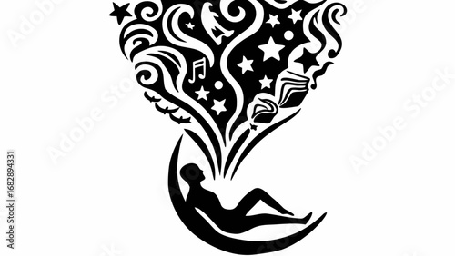 Silhouette of a person reclining on a crescent moon with a dreamscape of stars and music notes above