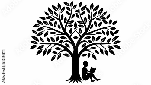 Silhouette of a person reading a book under a large tree with dense foliage and a small bird on a branch