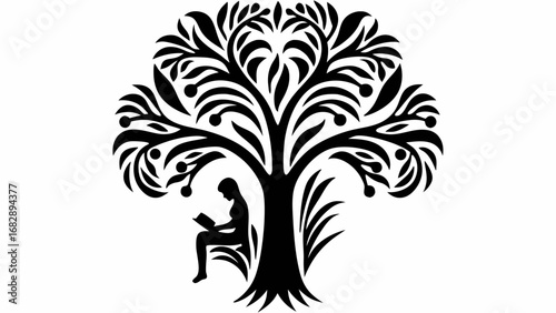 Silhouette of a woman reading a book under a stylized tree with leaves and berries in black and white