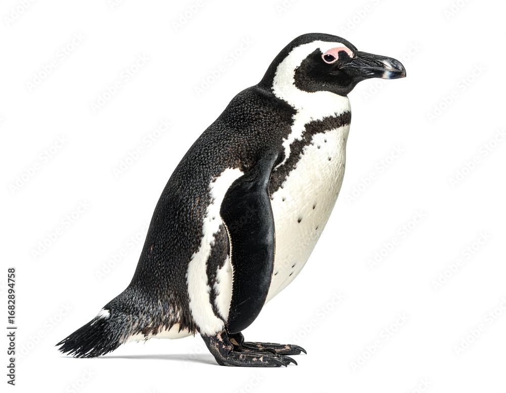 Obraz premium African penguin standing alert with black and white plumage against a white backdrop