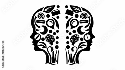 Two mirrored human head profiles filled with symbolic icons and shapes in black and white illustration art silhouette