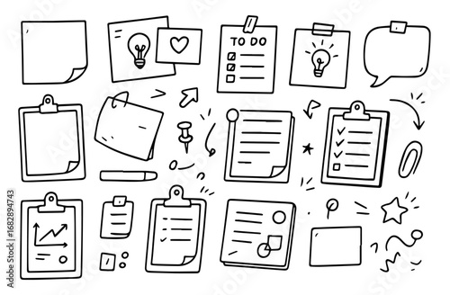 Hand-drawn doodle vector set, black outline only, clean sketch style, transparent background, sticky notes and clipboards theme, Editable Formats: AI, EPS, JPG, PNG, 