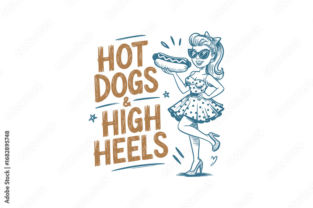 Obraz premium A Fun Retro Illustration Featuring a Stylish Woman in High Heels Holding a Hot Dog, Capturing the Spirit of Summer and Playful Lifestyle