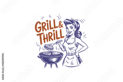A Fun and Engaging Illustration Featuring a Confident Woman Enjoying the Thrills of Outdoor Grilling While Cooking Delicious Meals on a Barbecue.