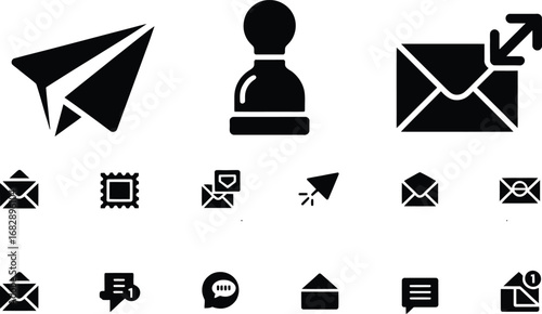 A comprehensive set of black solid glyph symbols elements for communication, featuring symbols for mail, email, messaging, and sending, including paper planes and envelopes.