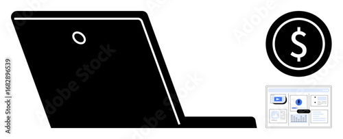 Laptop silhouette, dollar icon symbolizing money, small interface with charts. Ideal for finance, online sales, e-commerce, digital business, investment technology monetary growth. Simple flat