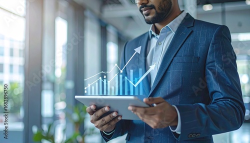 Focused businessman in a suit holds a tablet displaying a glowing upward trending graph, indicating growth, in a modern office setting