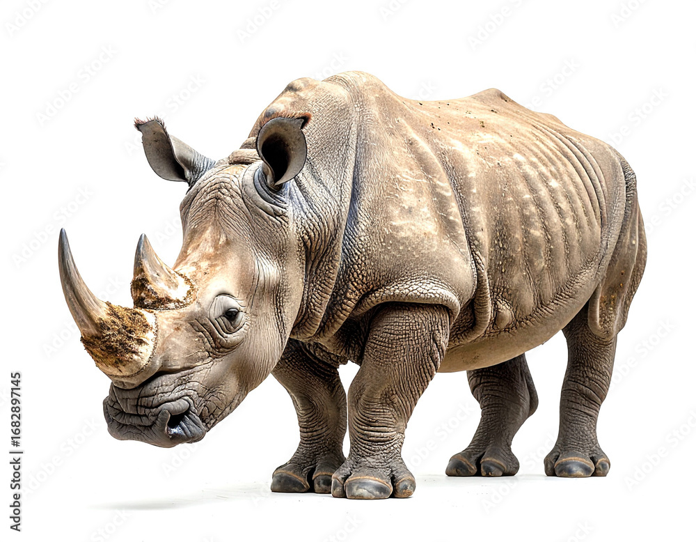 Fototapeta premium Rhino standing calmly with thick skin and powerful build isolated on white
