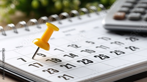 Planning and scheduling with a yellow pin on a calendar with a calculator in a bright setting