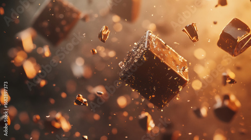 Melting chocolate fragments floating in soft lighting create indulgent dessert concept with rich brown tones and warm, inviting mood in this close up detail image