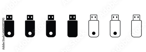 WebCollection of modern USB flash drive icons in solid black and outline styles representing digital storage and data transfer solutions.