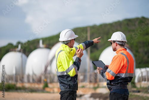 Engineer industrial facility petrochemical or gas energy site focused  balance between industrial development and environmental preservation  impact while maintaining efficiency and safety standards.