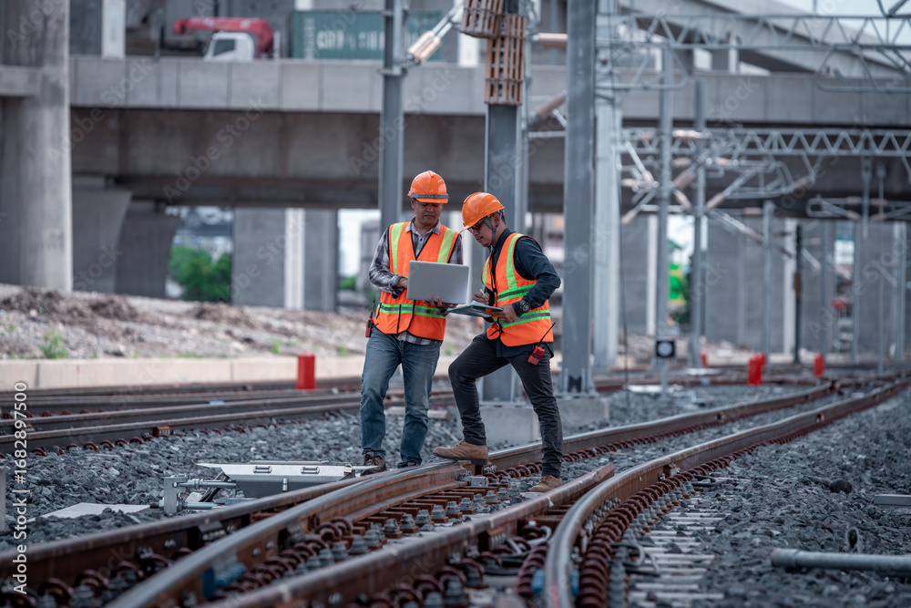 Fototapeta premium Construction engineer inspecting railway track industrial documents in hand while examining rail structure closely construction, safety and professional project management transportation development.